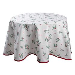 Foto van Clayre & eef rond tafelkleed ø 170 cm wit rood katoen rond hulstbladeren tafellaken tafellinnen tafeltextiel wit