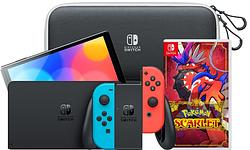 Foto van Nintendo switch oled rood/blauw + pokémon scarlet + travel case met screenprotector