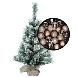 Foto van Besneeuwde mini kerstboom/kunst kerstboom 35 cm met kerstballen champagne - kunstkerstboom