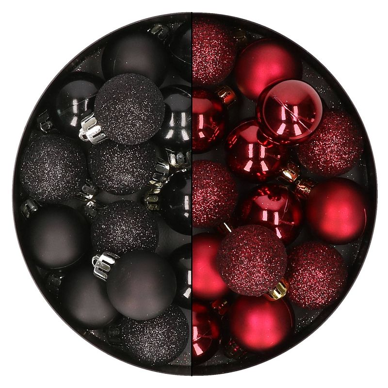 Foto van 28x stuks kleine kunststof kerstballen zwart en bordeaux rood 3 cm - kerstbal