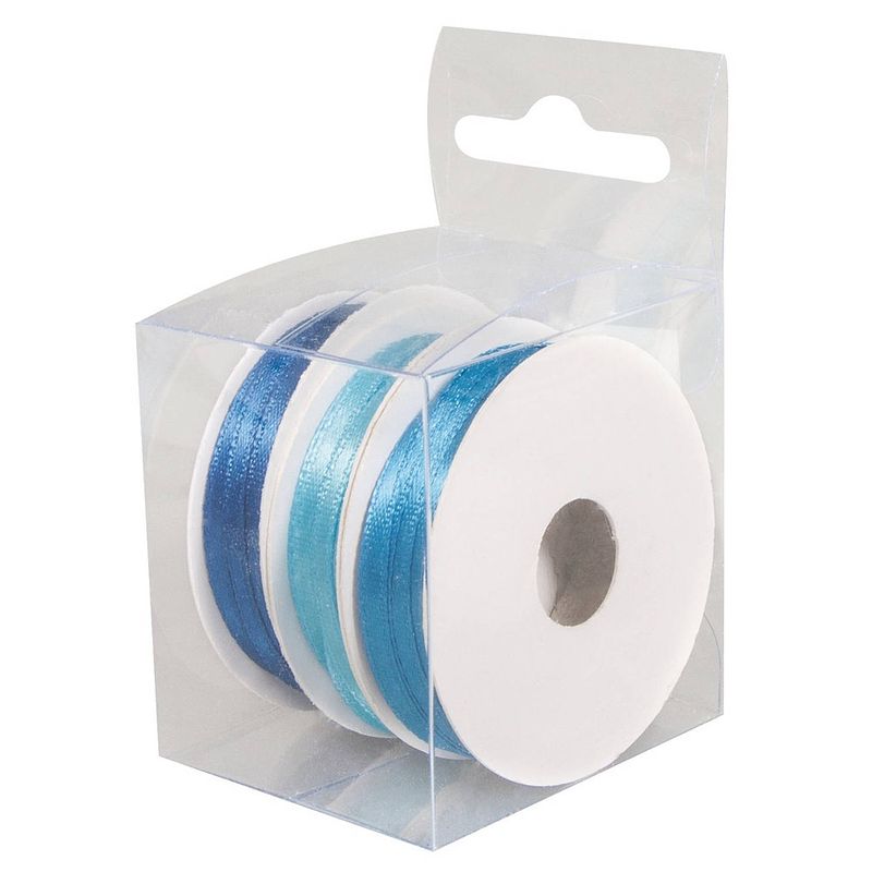 Foto van 3x rollen hobby/decoratie kleurenmix blauw satijnen sierlint 3 mm x 6 meter - cadeaulinten