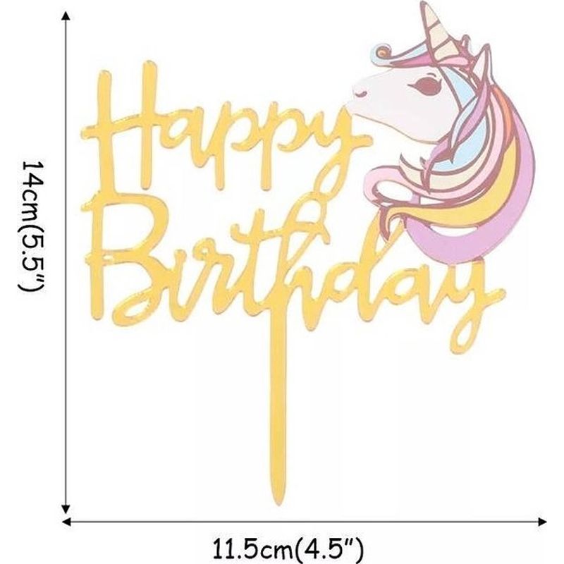 Foto van Cake topper happy birthday unicorn goud - eenhoorn taart versiering