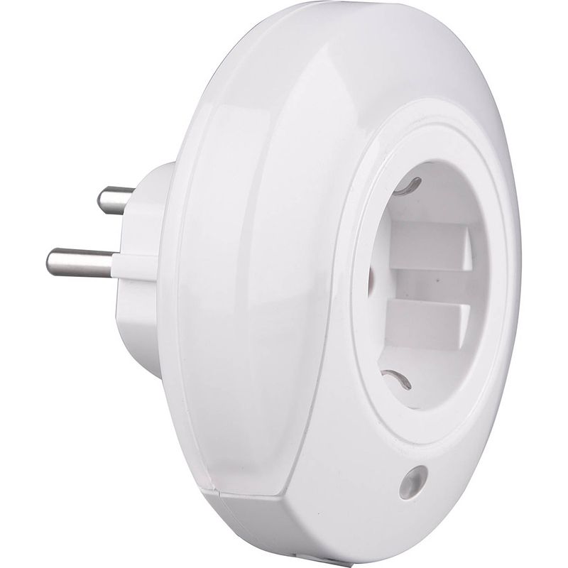 Foto van Stekkerlamp - stekkerspot met stopcontact - trion mirloni - dag en nacht sensor - 0.4w - warm wit 3000k - rond - mat wit