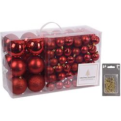 Foto van 94-delige kerstboomversiering kunststof kerstballen set rood incl. 100x ophanghaakjes - kerstbal