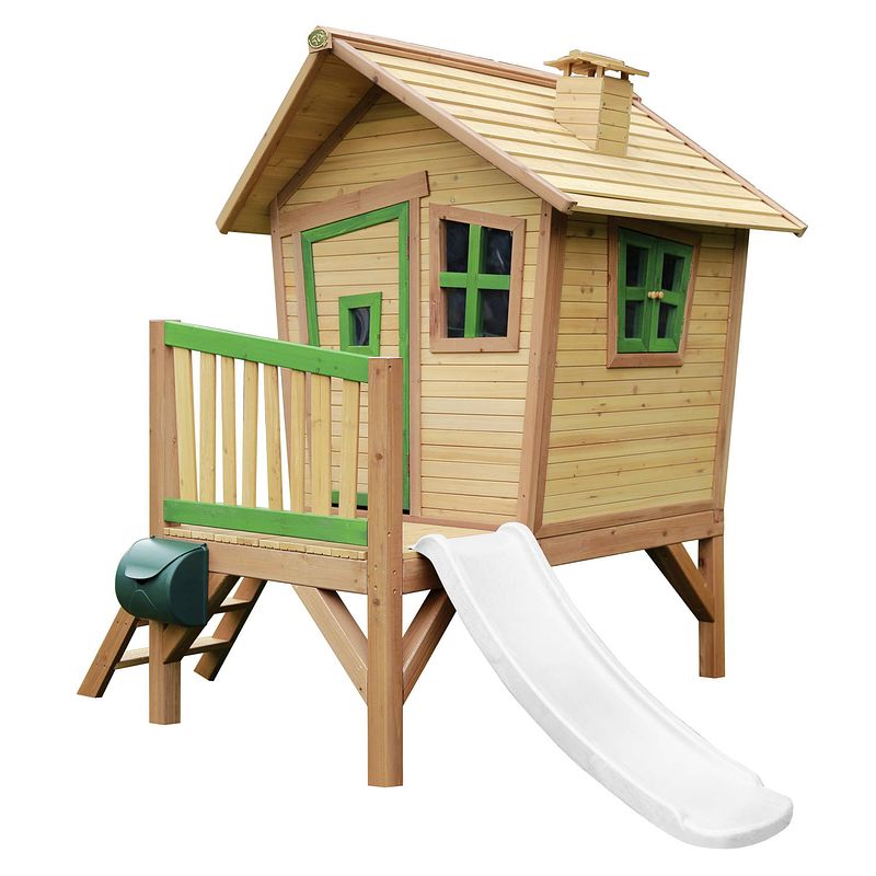 Foto van Axi robin speelhuis op palen & witte glijbaan speelhuisje voor de tuin / buiten in bruin & groen van fsc hout