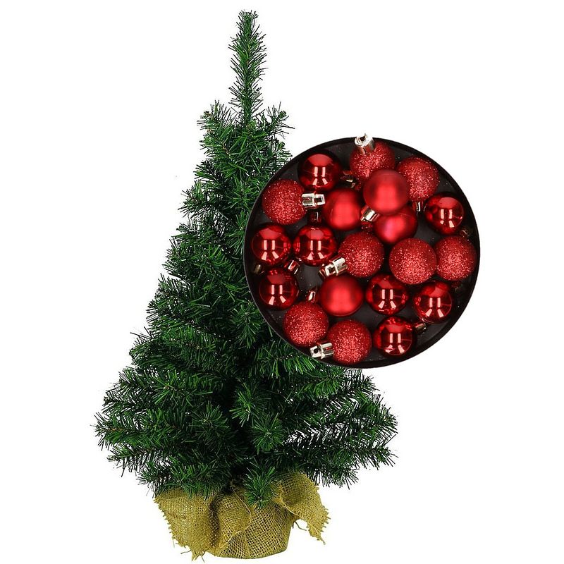 Foto van Mini kerstboom/kunst kerstboom h45 cm inclusief kerstballen rood - kunstkerstboom