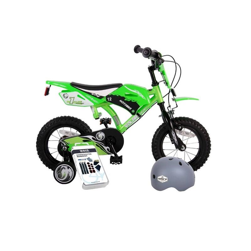 Foto van Volare kinderfiets motorbike - 12 inch - groen - twee handremmen - inclusief fietshelm + accessoires