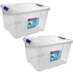 Foto van 2x opbergboxen/opbergdozen met deksel 25 liter kunststof transparant/blauw - opbergbox