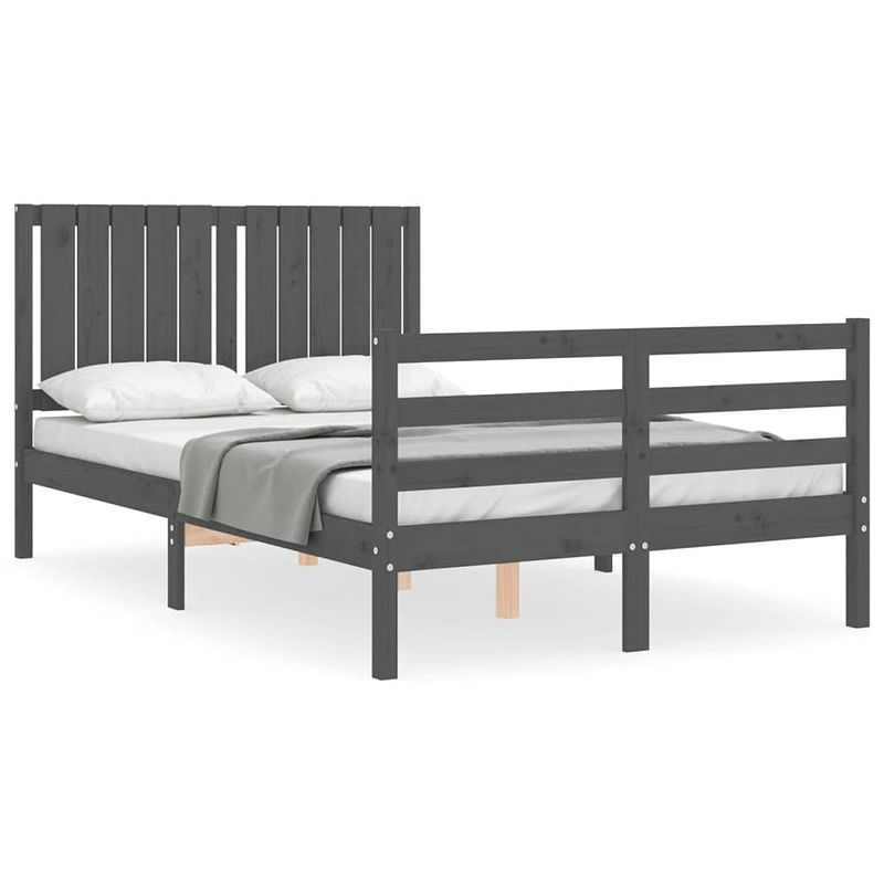 Foto van The living store grenenhouten bedframe - 195.5 x 125.5 x 100 cm - grijs - multiplex lattenbodem