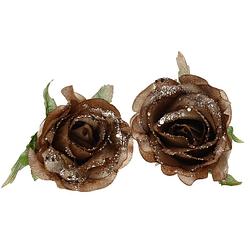 Foto van 2x stuks decoratie bloemen roos goud bruin glitter op clip 10 cm. - kersthangers