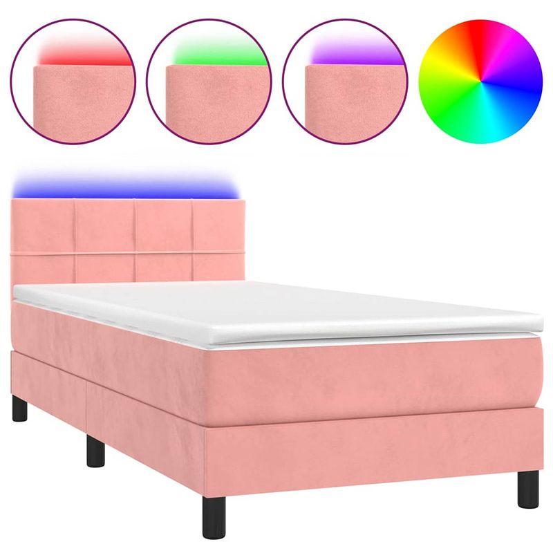 Foto van The living store boxspring bed - roze fluweel - 203x100x78/88 cm - verstelbaar hoofdbord - kleurrijke led-verlichting