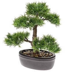 Foto van Bonsai boompje cedrus atlantica glauca kunstplant in ovale kunststof pot 32 cm - kunstplanten