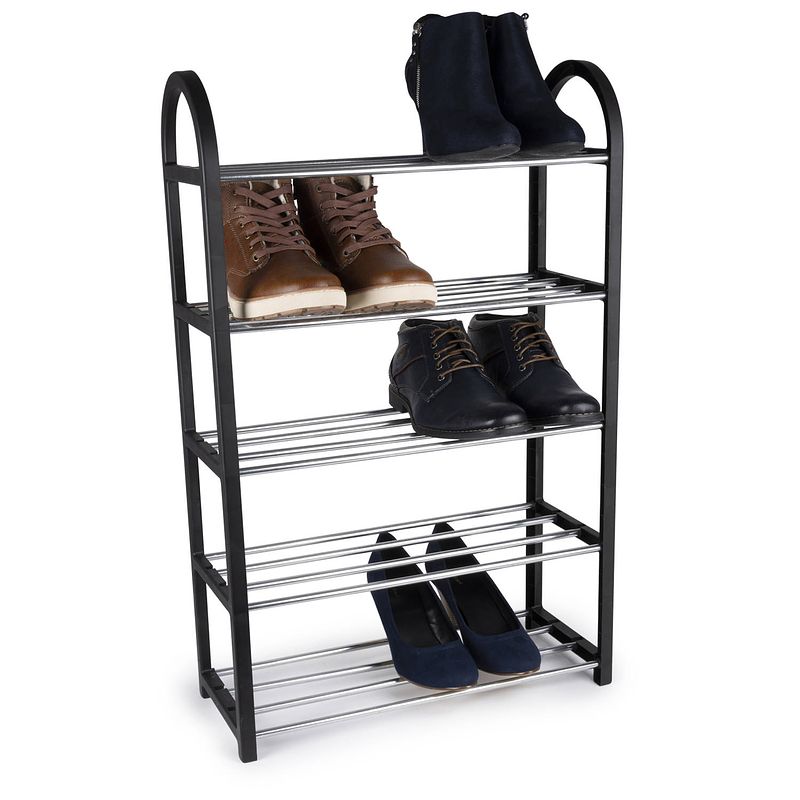 Foto van Alpina schoenenrek - 5-laags schoenenrekje - 50 x 20 x 77 cm - 10-15 paar schoenen - zwart/zilver