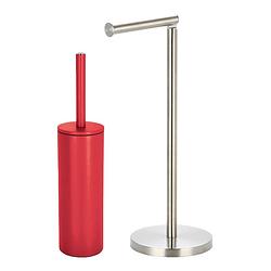 Foto van Spirella badkamer accessoires set - wc-borstel/toiletrollen houder - rood/zilver - badkameraccessoireset