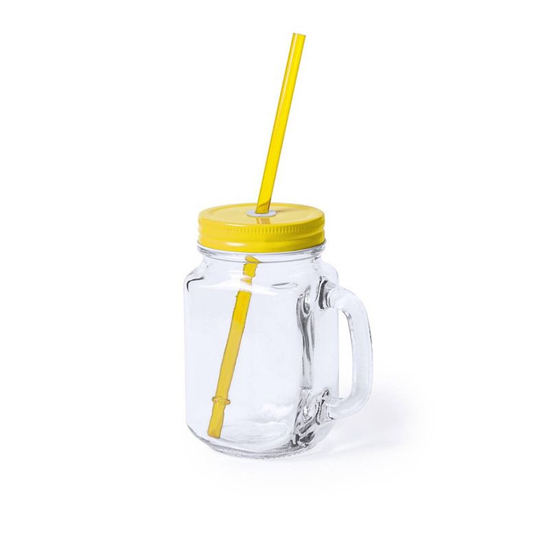 Foto van 1x stuks glazen mason jar drinkbekers gele dop en rietje 500 ml - drinkbekers