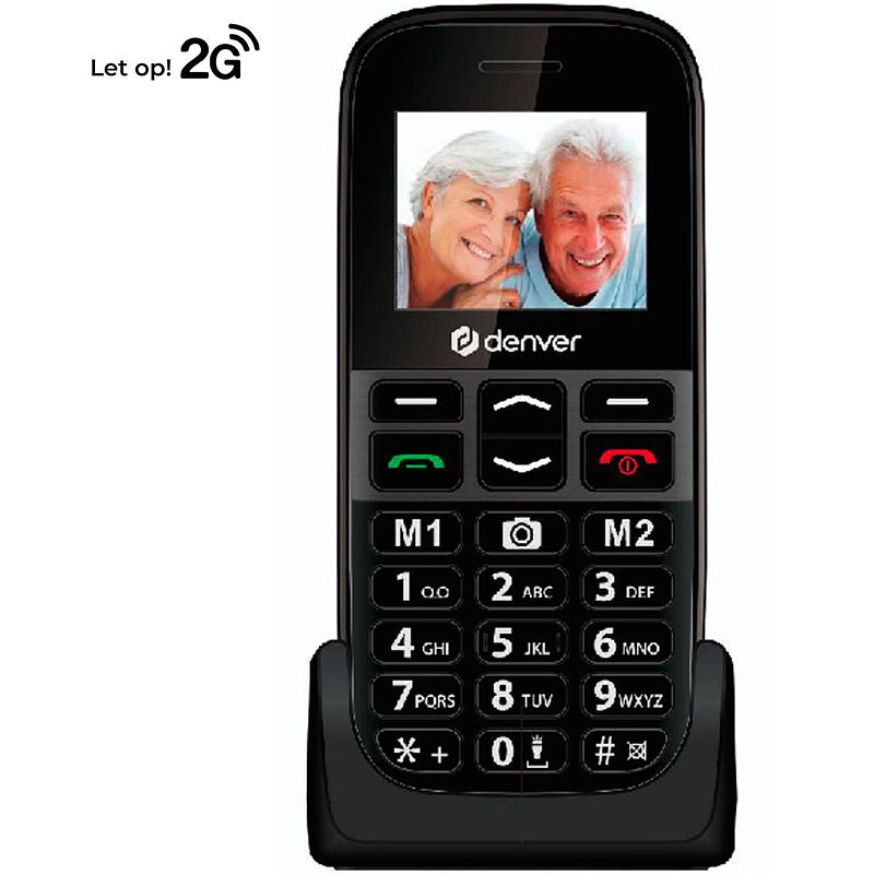 Foto van Denver senioren mobiele telefoon - grote toetsen - oplaadstation - dual sim - gsm - simlockvrij - sos knop - bas18500meb