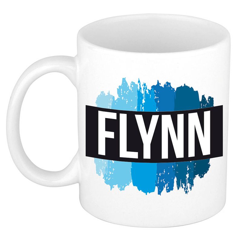 Foto van Naam cadeau mok / beker flynn met blauwe verfstrepen 300 ml - naam mokken