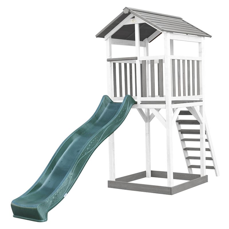 Foto van Axi beach tower speeltoestel van hout in grijs en wit speeltoren met zandbak, en groene glijbaan