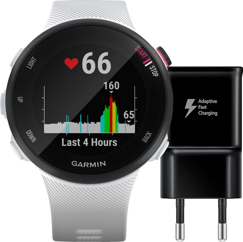 Foto van Garmin forerunner 45s wit + samsung adaptive fast charging oplader met usb a poort 15w