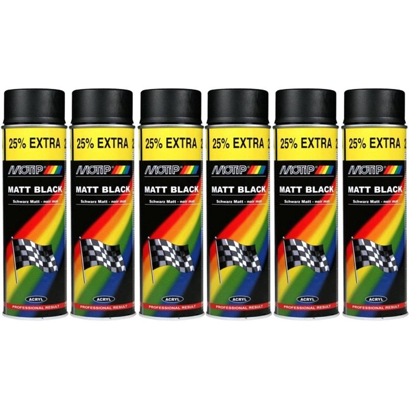 Foto van Motip acryllak mat zwart - 6 spuitbussen - sneldrogend - voor hout, metaal, glas & kunststof - 6 x 500 ml