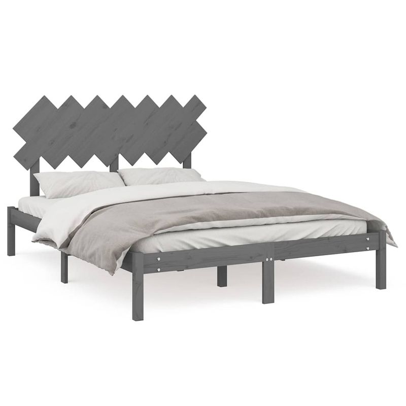 Foto van The living store houten bedframe - grijs massief grenenhout - 205.5 x 155.5 x 31 cm - comfortabel hoofdeinde