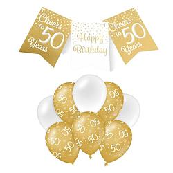 Foto van Paperdreams luxe 50 jaar feestversiering set - ballonnen & vlaggenlijnen - wit/goud - feestpakketten