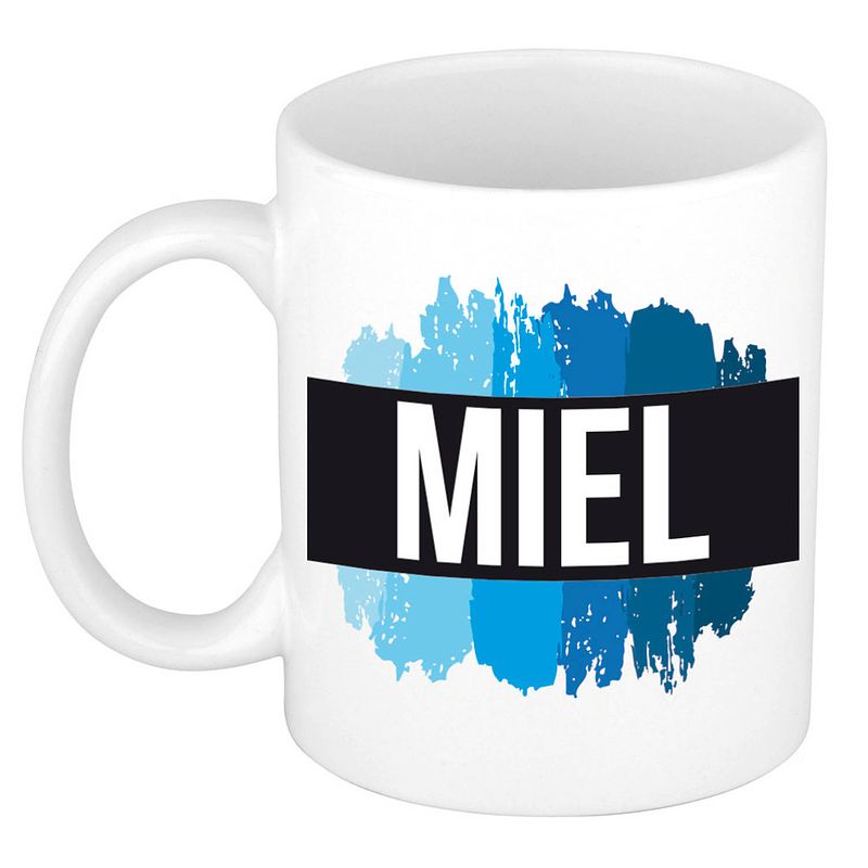 Foto van Naam cadeau mok / beker miel met blauwe verfstrepen 300 ml - naam mokken