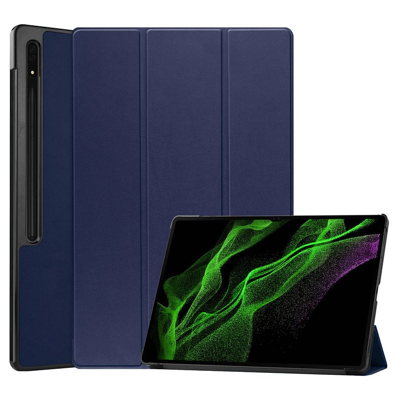 Foto van Basey samsung galaxy tab s9 ultra hoes case met s pen uitsparing - samsung tab s9 ultra hoesje book cover - donker blauw