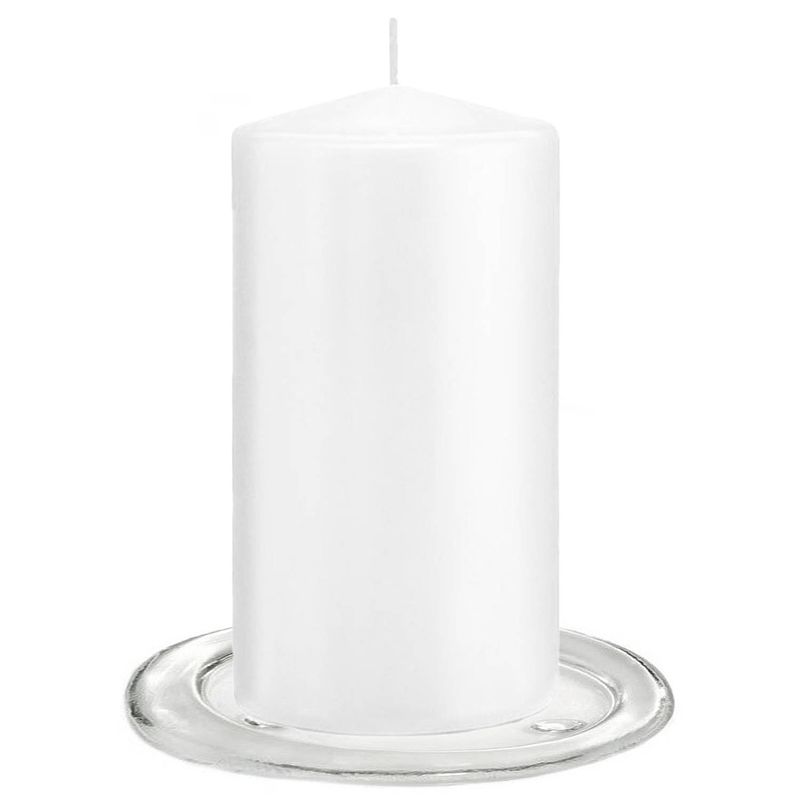 Foto van Trend candles - stompkaarsen met glazen onderzetters set van 2x stuks - helder wit 8 x 15 cm - stompkaarsen