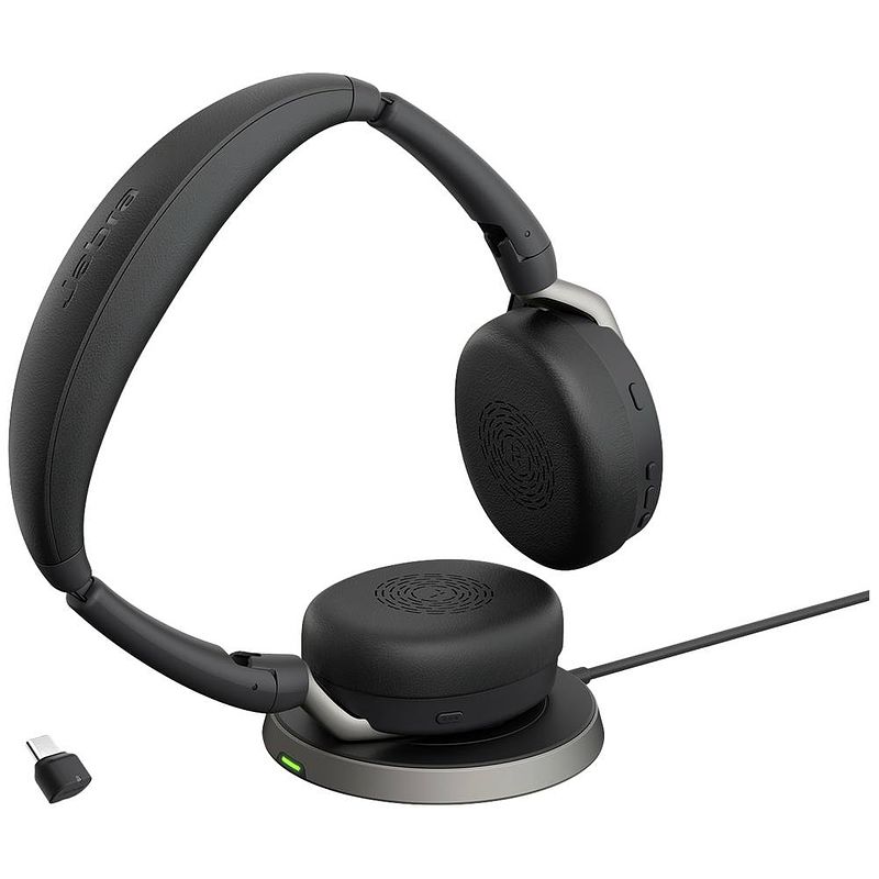 Foto van Jabra evolve2 65 flex link380c ms + ladepad on ear headset bluetooth computer stereo zwart noise cancelling headset, microfoon uitschakelbaar (mute),