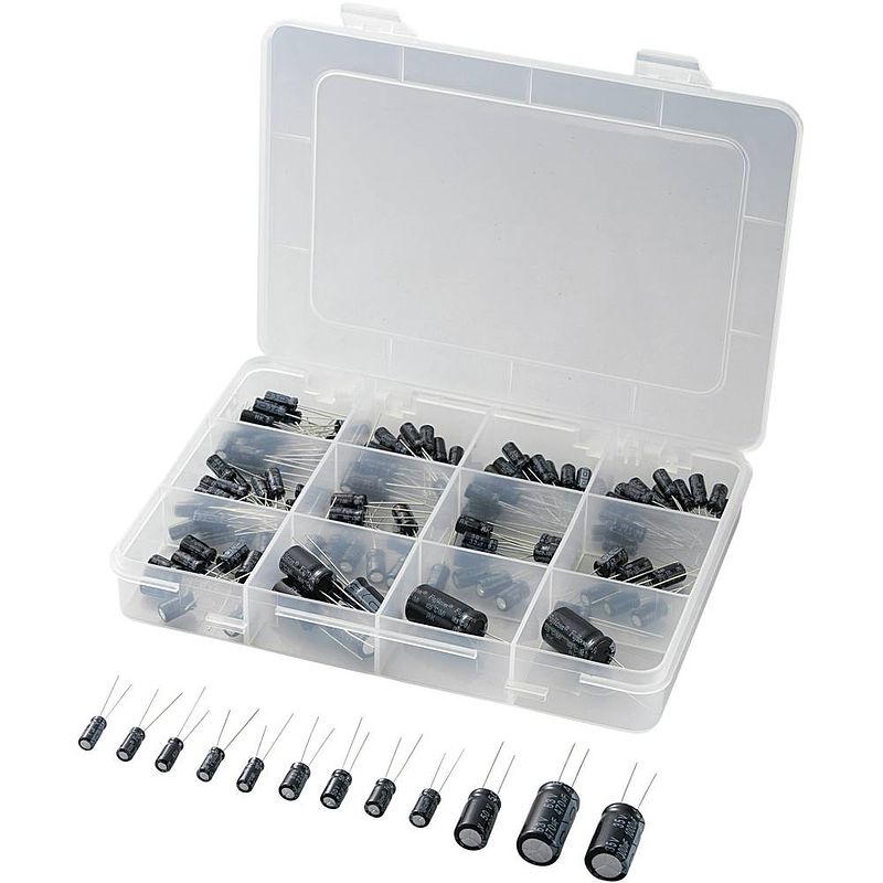 Foto van Tru components 442896 elektrolytische condensator assortiment radiaal bedraad 20 % 148 stuk(s)