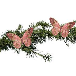 Foto van 2x stuks kerstboom decoratie vlinders op clip glitter roze 18 cm - kersthangers