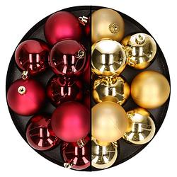 Foto van 24x stuks kunststof kerstballen mix van donkerrood en goud 6 cm - kerstbal