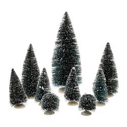 Foto van 9x stuks kerstdorp onderdelen miniatuur boompjes groen 6 tot 20 cm - kerstdorpen