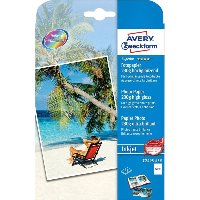 Foto van Avery-zweckform superior photo paper inkjet c2495-45r fotopapier 13 x 18 cm 230 g/m² 45 vellen hoogglans