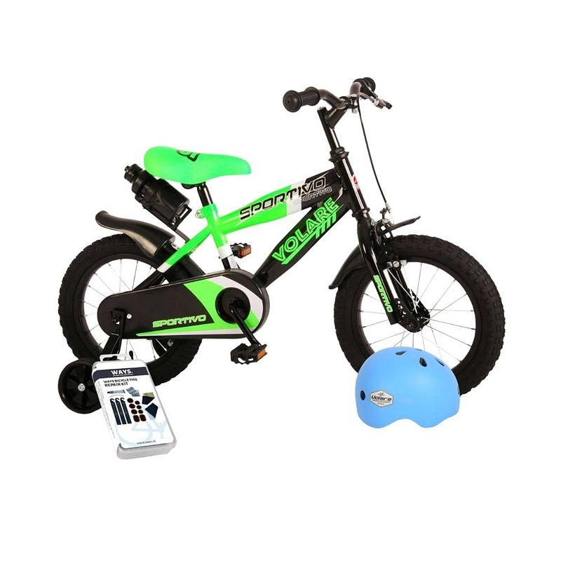 Foto van Volare kinderfiets sportivo - 14 inch - groen/zwart - inclusief fietshelm & accessoires