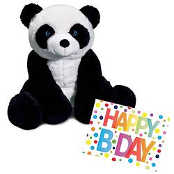 Foto van Pluche knuffel panda beer 30 cm met a5-size happy birthday wenskaart - knuffeldier