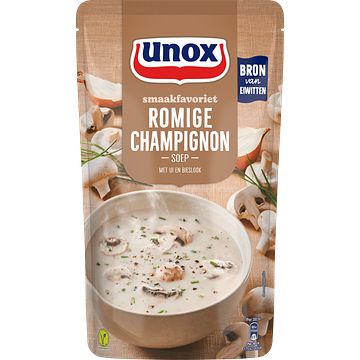 Foto van 2 zakken soep a 570 ml, pakken cupasoup a 3 stuks of single verpakkingen noodles of pasta | unox smaakfavoriet soep in zak romige champignon 570ml aanbieding bij jumbo