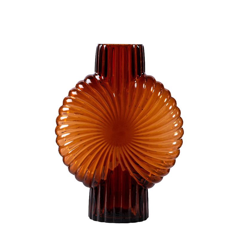 Foto van Ptmd zugar brown solid glass vase ribbed round m