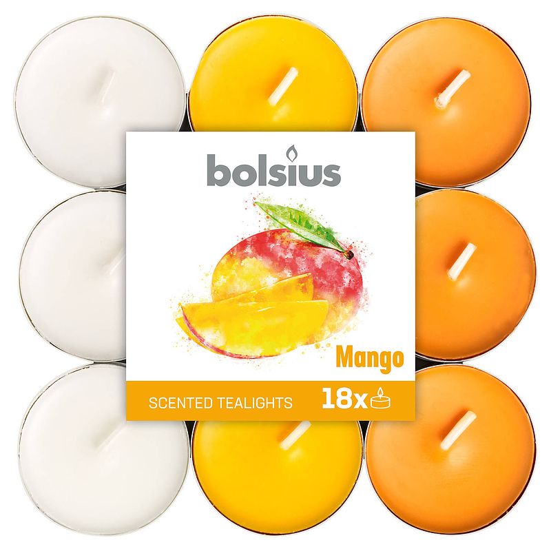 Foto van Bolsius geurkaarsen theelicht mango oranje/wit 18 stuks