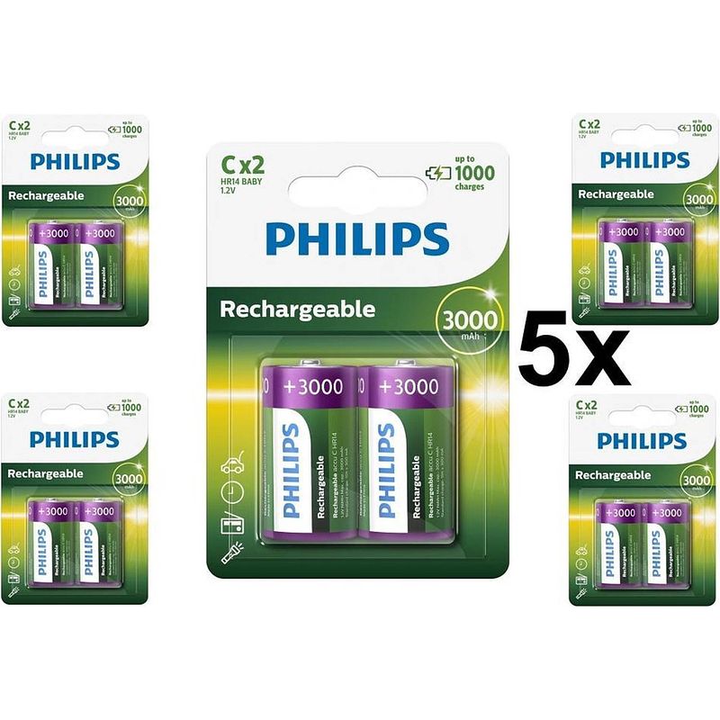 Foto van 10 stuks (5 blisters a 2st) - philips multilife 1.2v c/hr14 3000mah nimh oplaadbare batterij