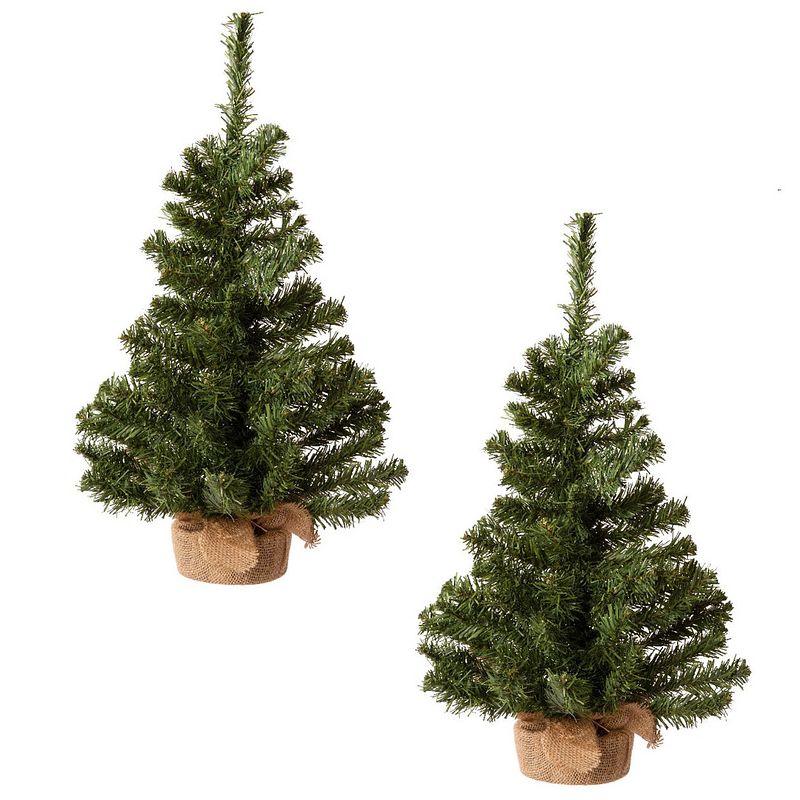 Foto van 4x stuks volle kerstbomen in jute zak 60 cm kunstbomen - kunstkerstboom