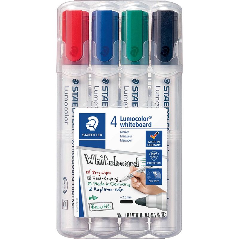 Foto van Staedtler lumocolor whiteboardmarker etui van 4 stuks in geassorteerde kleuren 5 stuks