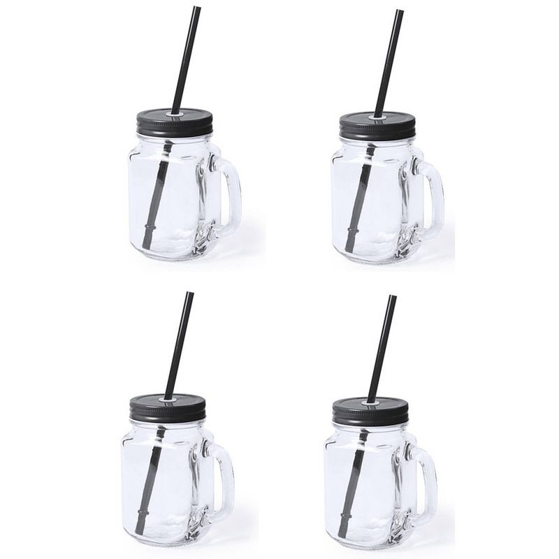 Foto van 4x stuks drink potjes van glas mason jar zwarte deksel 500 ml - drinkbekers