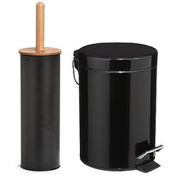 Foto van Badkamer/toilet set - wc-borstel en pedaalemmer 3l - metaal/ bamboe - zwart - toiletborstels
