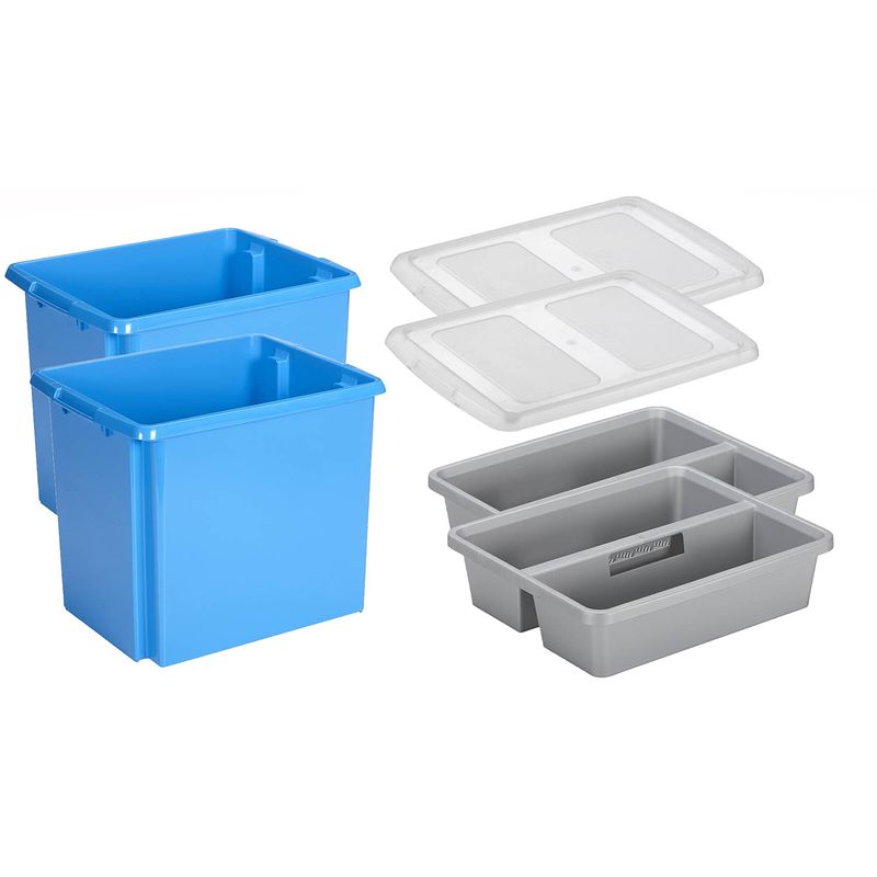 Foto van Sunware - set van 2x opslagbox kunststof 45 liter blauw 45 x 36 x 36 cm met deksel en organiser tray - opbergbox