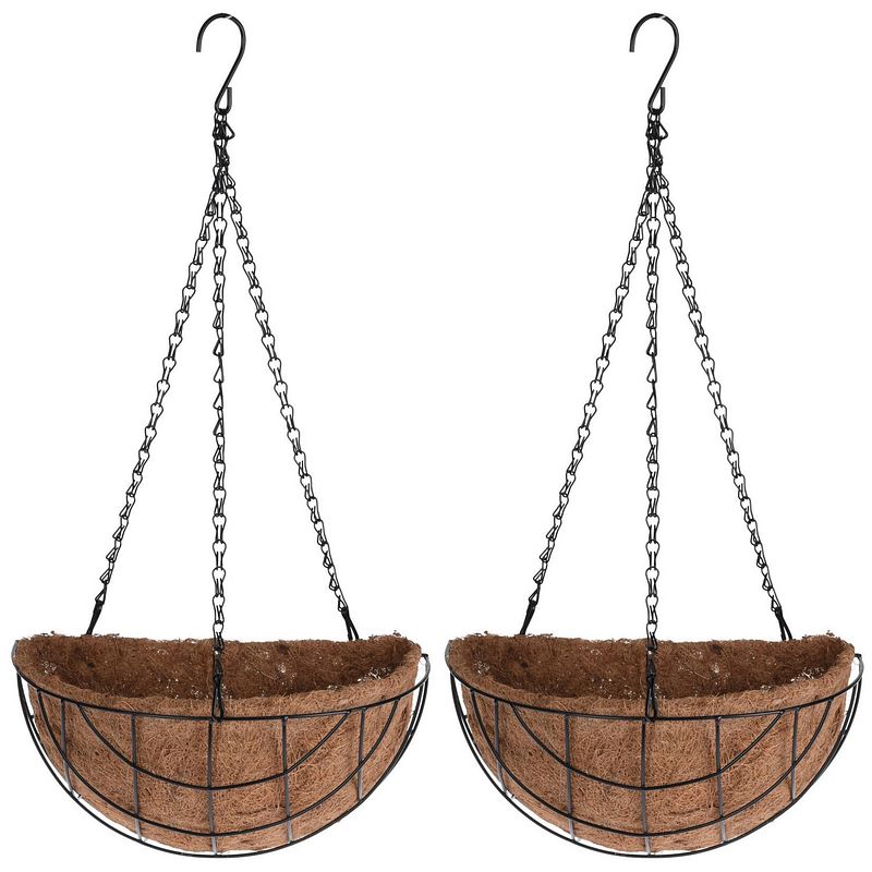 Foto van 2x stuks metalen hanging baskets / plantenbakken halfrond zwart met ketting 26 cm - hangende bloemen - plantenbakken