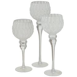 Foto van Luxe glazen design kaarsenhouders/windlichten set van 3x stuks zilver/wit 30-40 cm - windlichten