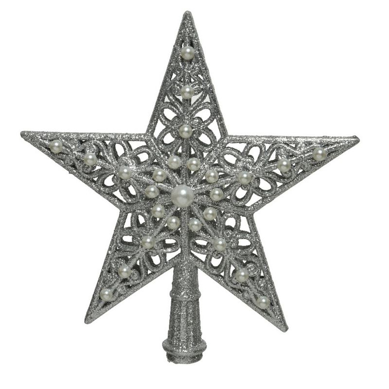 Foto van Kunststof ster piek/kerstboom topper zilver 21 cm - kerstboompieken