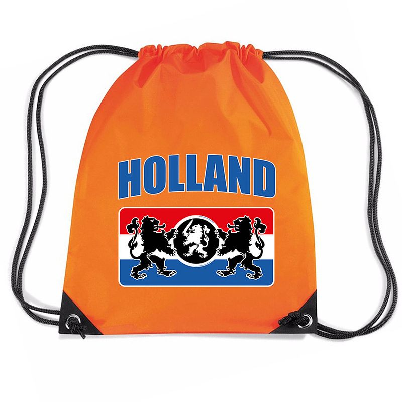 Foto van Holland met wapenschild nylon supporter rugzakje/sporttas oranje - ek/ wk voetbal / koningsdag - gymtasje - zwemtasje